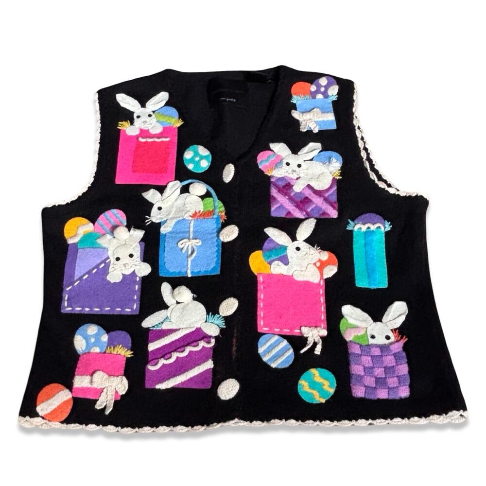 Vintage Michael Simon Easter Bunny Applique Knit Sweater Vest Medium Whimsical